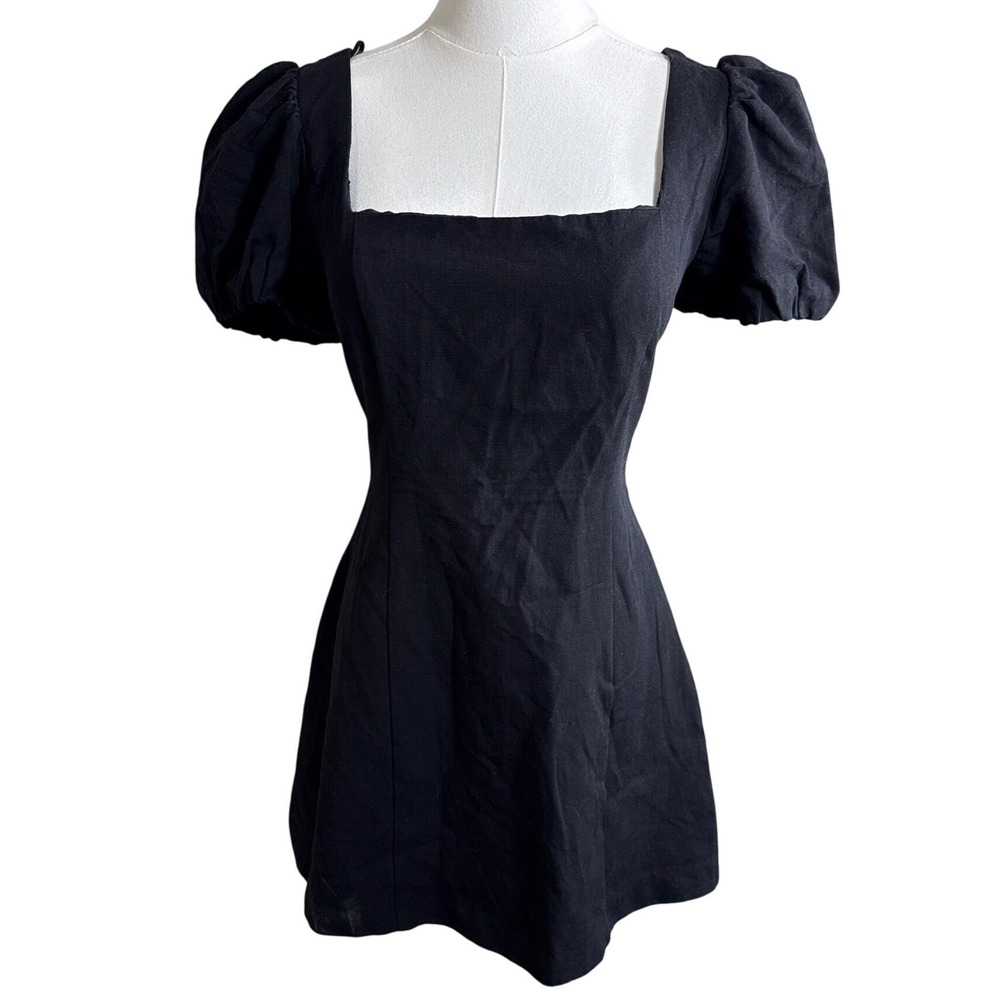 Zara Black Lace Up Back Puff Sleeve Mini Dress Square Neck Linen Blend Medium